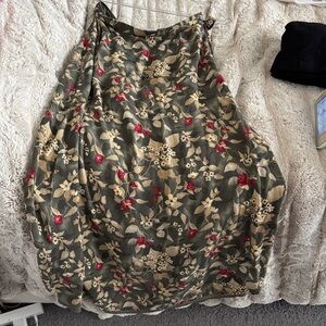 Liz Claiborne Olive Green Floral Circle Skirt with Red Blooms